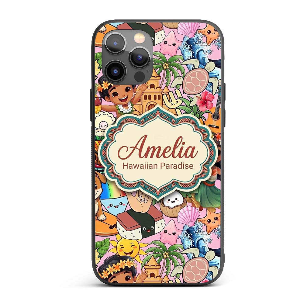 Hawaiian Kids Tiki Mask Pineapple Beach Fun Pink Custom Name Protective Phone Case Mobile Cover Durable Everyday Smartphone Shock Resistant