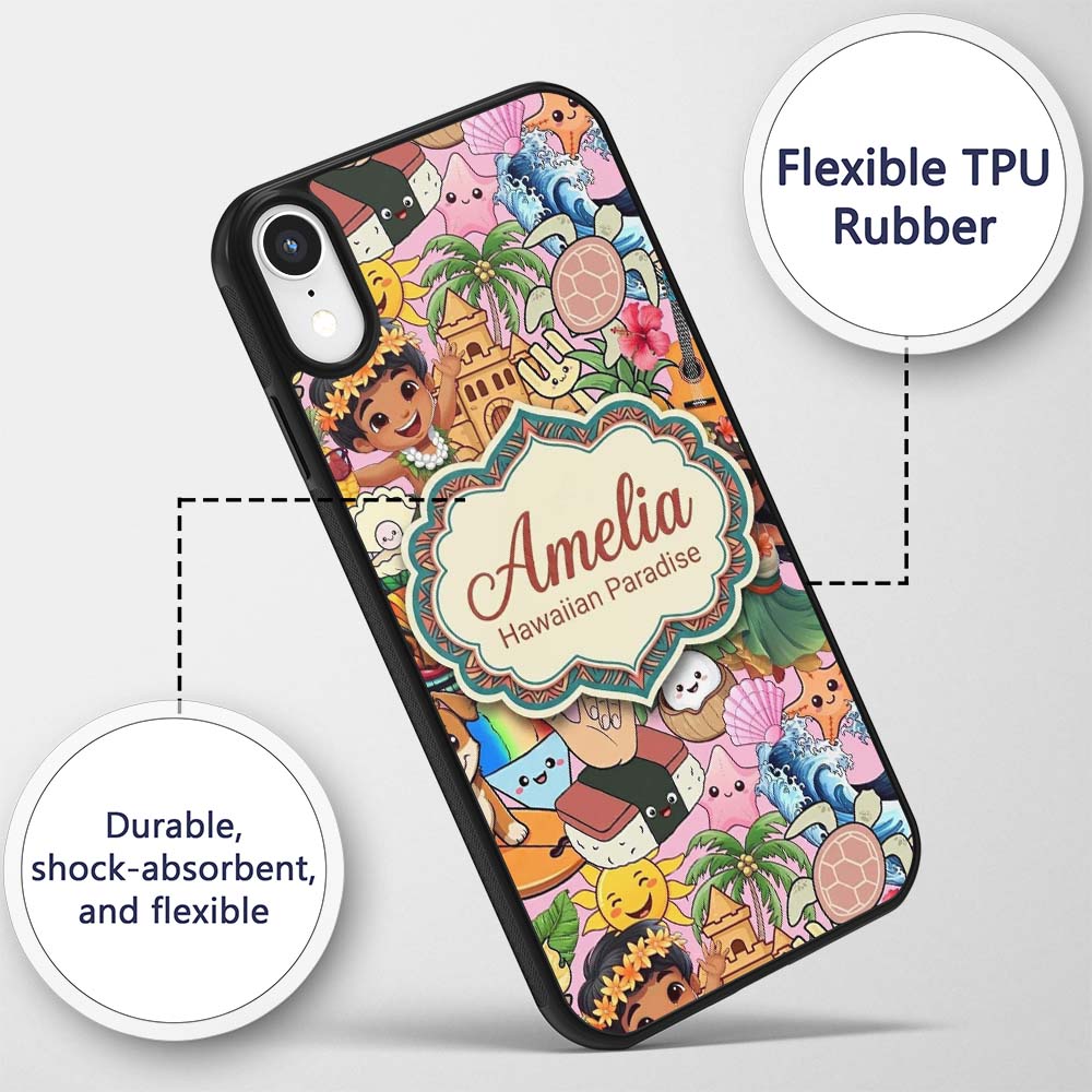 Hawaiian Kids Tiki Mask Pineapple Beach Fun Pink Custom Name Protective Phone Case Mobile Cover Durable Everyday Smartphone Shock Resistant