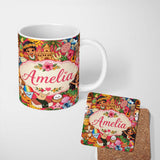 Personalized Custom Name Hawaiian Kids Tiki Mask Pineapple Beach Fun Red Seamless Pattern 11oz Ceramic Coffee Tea Mug White Large Handle
