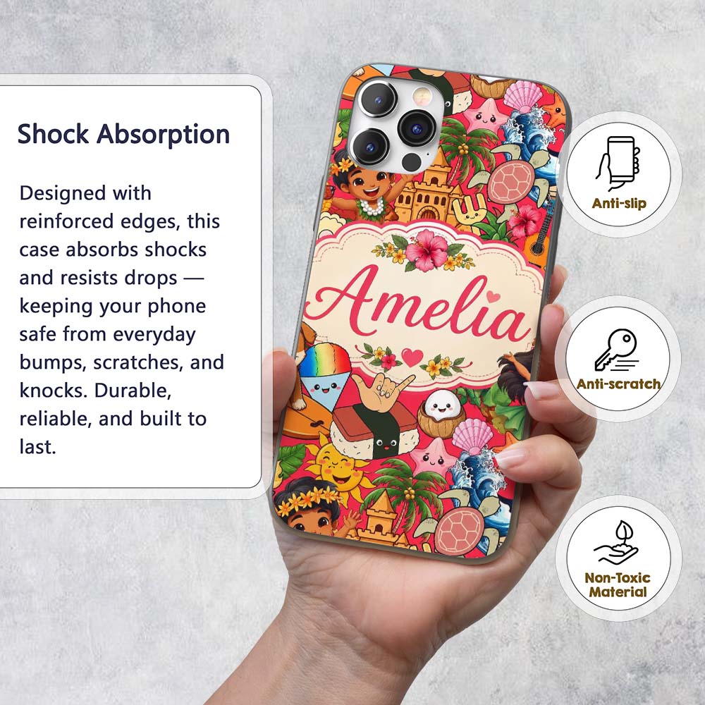 Hawaiian Kids Tiki Mask Pineapple Beach Fun Red Custom Name Protective Phone Case Mobile Cover Durable Everyday Smartphone Shock Resistant