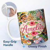 Personalized Custom Name Hawaiian Kids Tiki Mask Pineapple Beach Fun White Seamless Pattern 11oz Ceramic Coffee Tea Mug White Large Handle