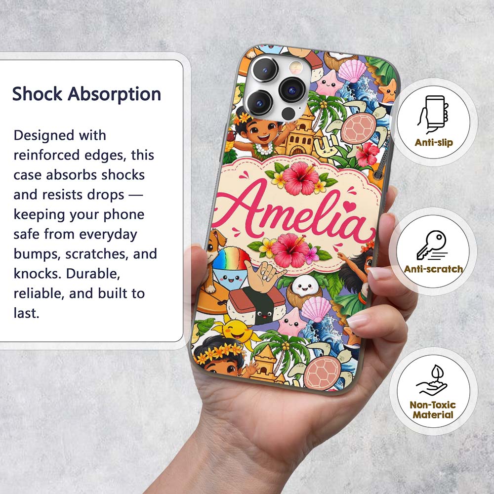 Hawaiian Kids Tiki Mask Pineapple Beach Fun White Custom Name Protective Phone Case Mobile Cover Durable Everyday Smartphone Shock Resistant