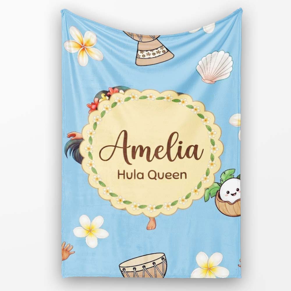 Cute Hawaiian Girl Hula Dance Coconut Shell Blue Background  Personalised Custom Name Super Soft Fleece Blanket Bed Sofa Throw