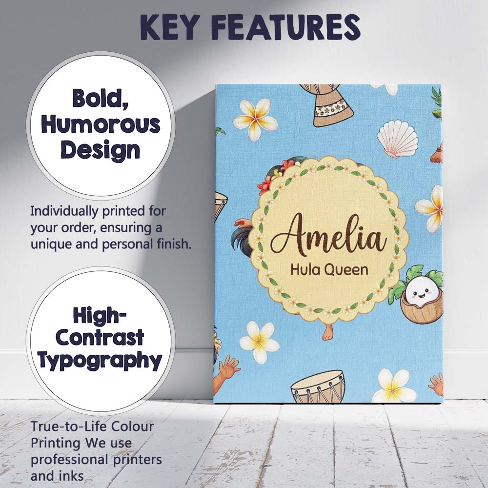 Personalised Name Cute Hawaiian Girl Hula Custom  Unique Gift Idea Elegant Feature Canvas Wall Art Print Decor Picture Ready to Hang
