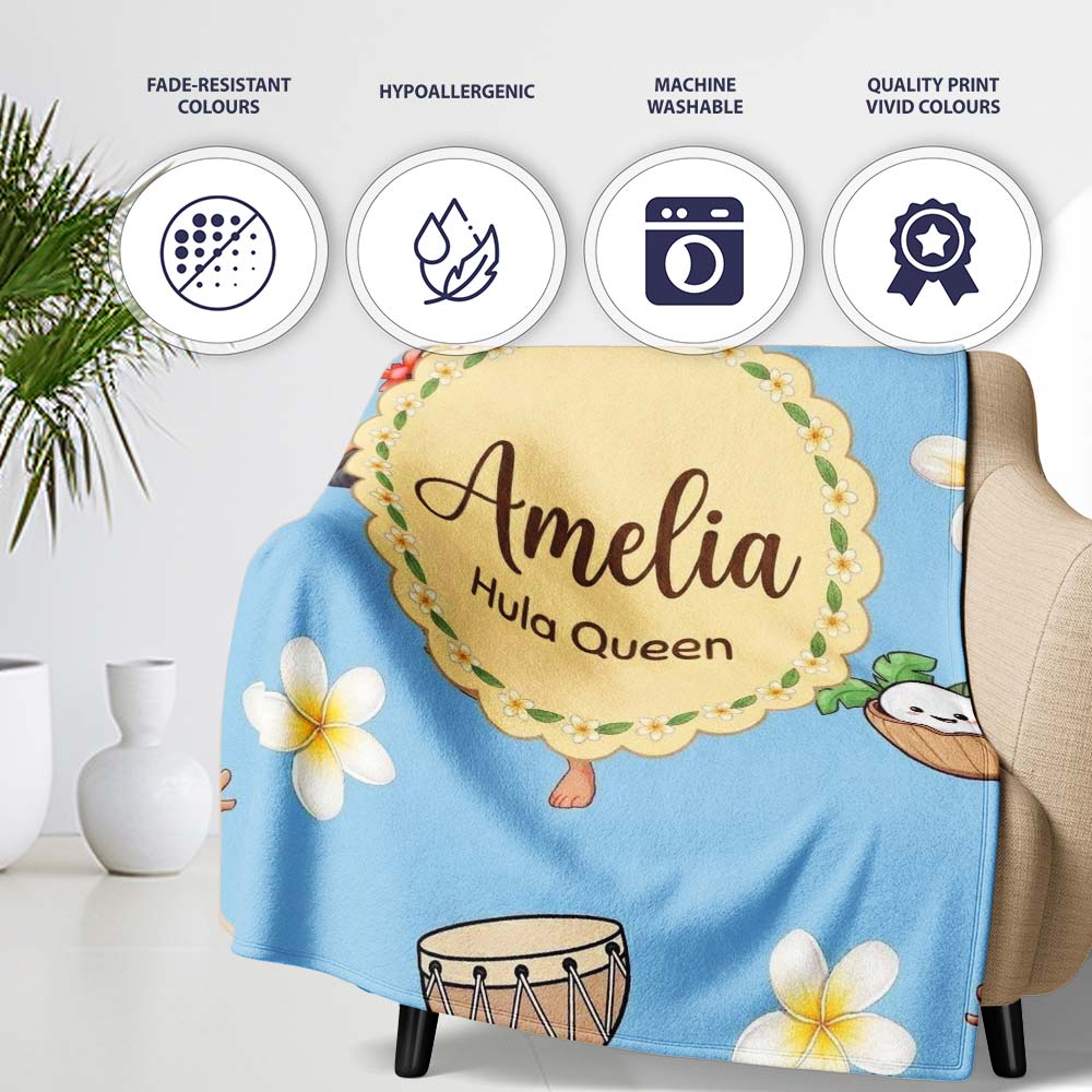 Cute Hawaiian Girl Hula Dance Coconut Shell Blue Background  Personalised Custom Name Super Soft Fleece Blanket Bed Sofa Throw