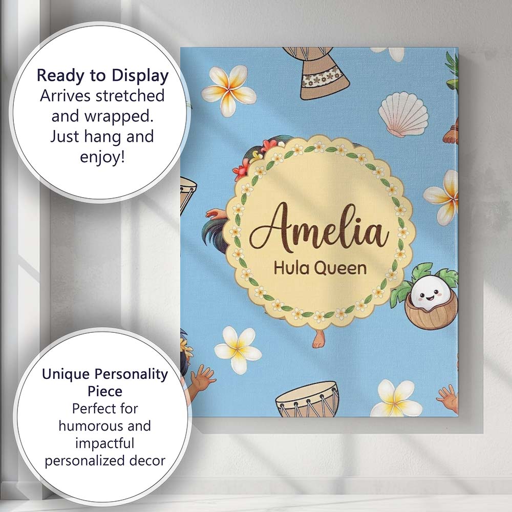 Personalised Name Cute Hawaiian Girl Hula Custom  Unique Gift Idea Elegant Feature Canvas Wall Art Print Decor Picture Ready to Hang