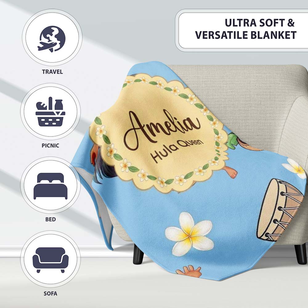 Cute Hawaiian Girl Hula Dance Coconut Shell Blue Background  Personalised Custom Name Super Soft Fleece Blanket Bed Sofa Throw