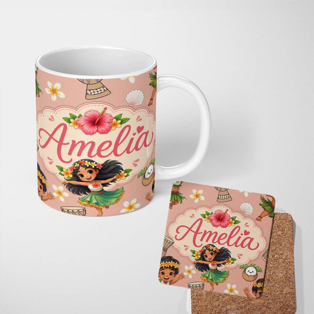 Personalized Custom Name Cute Hawaiian Girl Hula Dance Coconut Shell Beige Background 11oz Ceramic Coffee Tea Mug White Large Handle