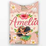 Cute Hawaiian Girl Hula Dance Coconut Shell Beige Background  Personalised Custom Name Super Soft Fleece Blanket Bed Sofa Throw