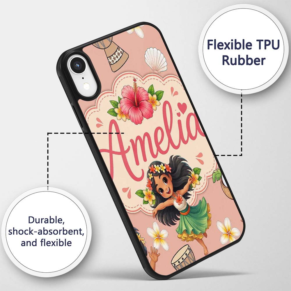 Cute Hawaiian Girl Hula Dance Coconut Shell Beige Custom Name Protective Phone Case Mobile Cover Durable Everyday Smartphone Shock Resistant