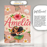 Cute Hawaiian Girl Hula Dance Coconut Shell Beige Background  Personalised Custom Name Super Soft Fleece Blanket Bed Sofa Throw