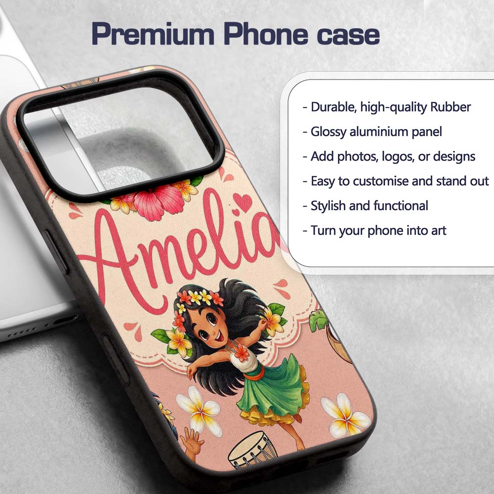 Cute Hawaiian Girl Hula Dance Coconut Shell Beige Custom Name Protective Phone Case Mobile Cover Durable Everyday Smartphone Shock Resistant