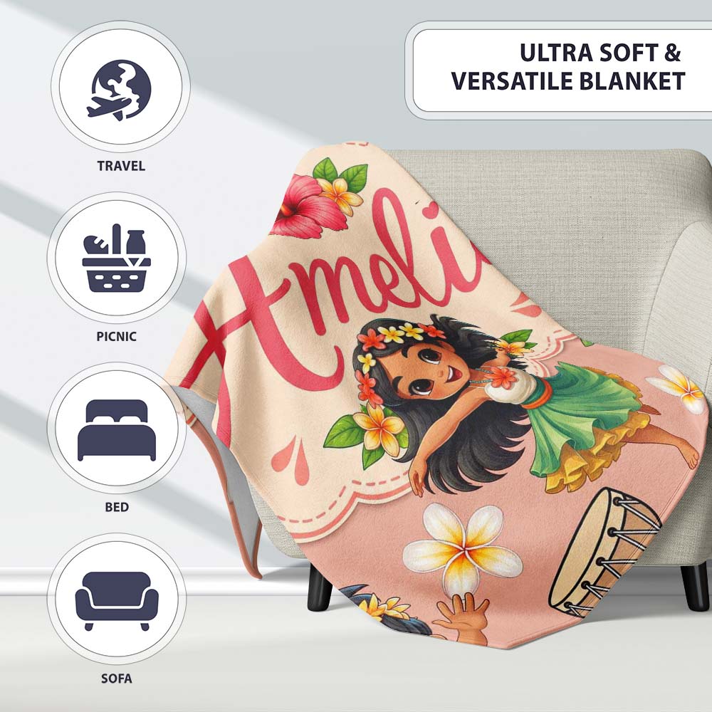 Cute Hawaiian Girl Hula Dance Coconut Shell Beige Background  Personalised Custom Name Super Soft Fleece Blanket Bed Sofa Throw