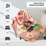 Cute Hawaiian Girl Hula Dance Coconut Shell Beige Background  Personalised Custom Name Super Soft Fleece Blanket Bed Sofa Throw