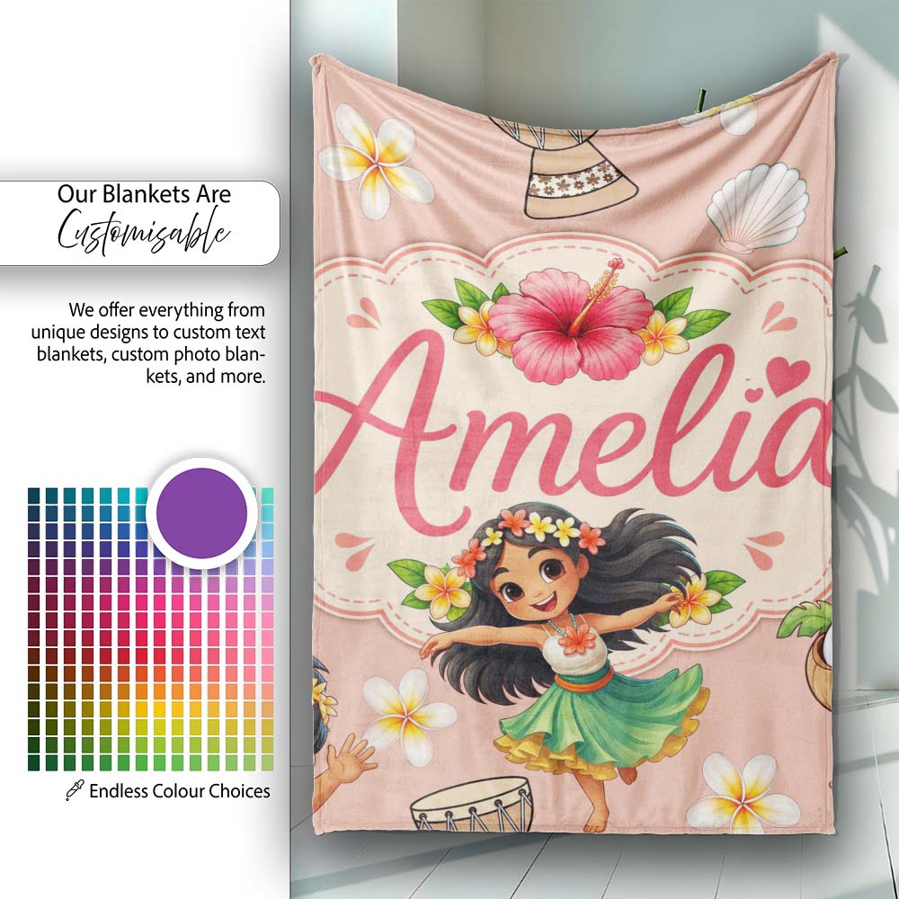 Cute Hawaiian Girl Hula Dance Coconut Shell Beige Background  Personalised Custom Name Super Soft Fleece Blanket Bed Sofa Throw