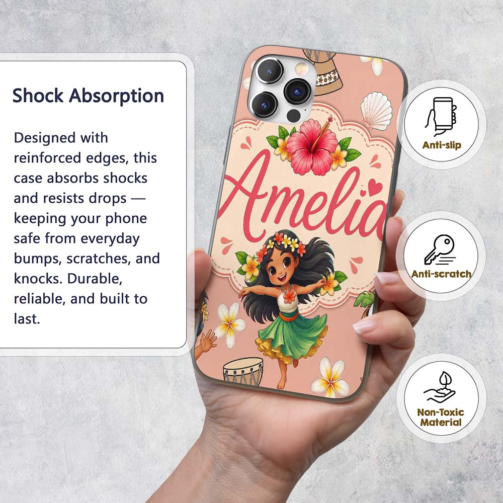 Cute Hawaiian Girl Hula Dance Coconut Shell Beige Custom Name Protective Phone Case Mobile Cover Durable Everyday Smartphone Shock Resistant