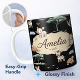 Personalized Custom Name Cute Safari Animals Zebra Turtle on Black Seamless Pattern Lovely 11oz Ceramic Coffee Tea Mug White Large Handle