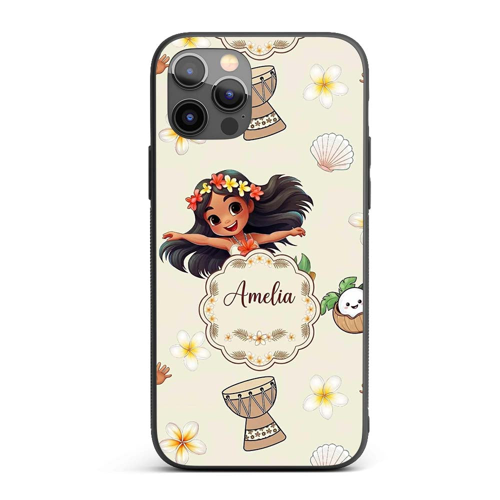 Cute Hawaiian Girl Hula Dance Coconut Shell Cream Custom Name Protective Phone Case Mobile Cover Durable Everyday Smartphone Shock Resistant