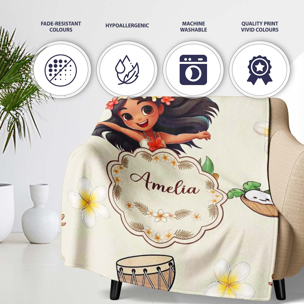 Cute Hawaiian Girl Hula Dance Coconut Shell Cream Background  Personalised Custom Name Super Soft Fleece Blanket Bed Sofa Throw