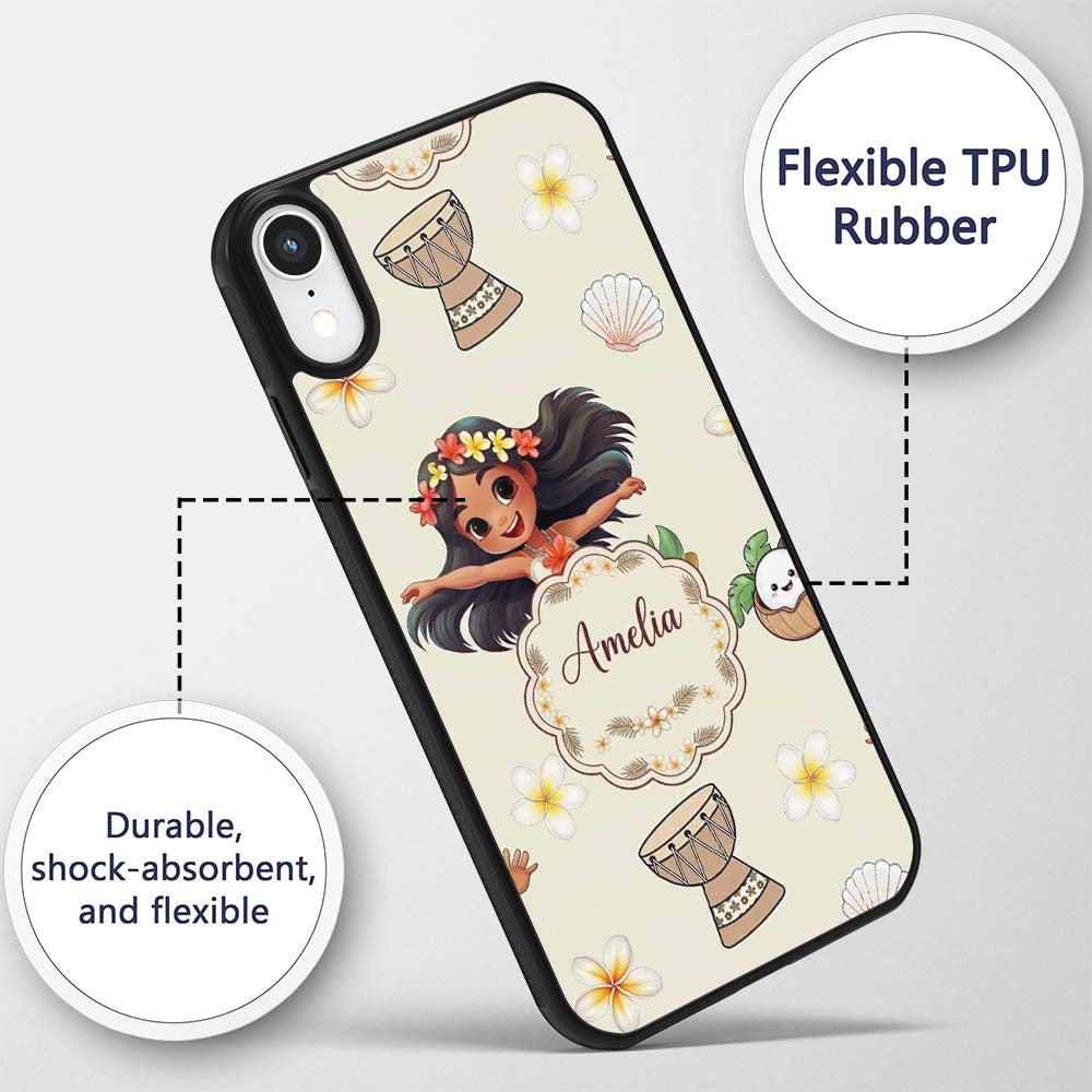 Cute Hawaiian Girl Hula Dance Coconut Shell Cream Custom Name Protective Phone Case Mobile Cover Durable Everyday Smartphone Shock Resistant
