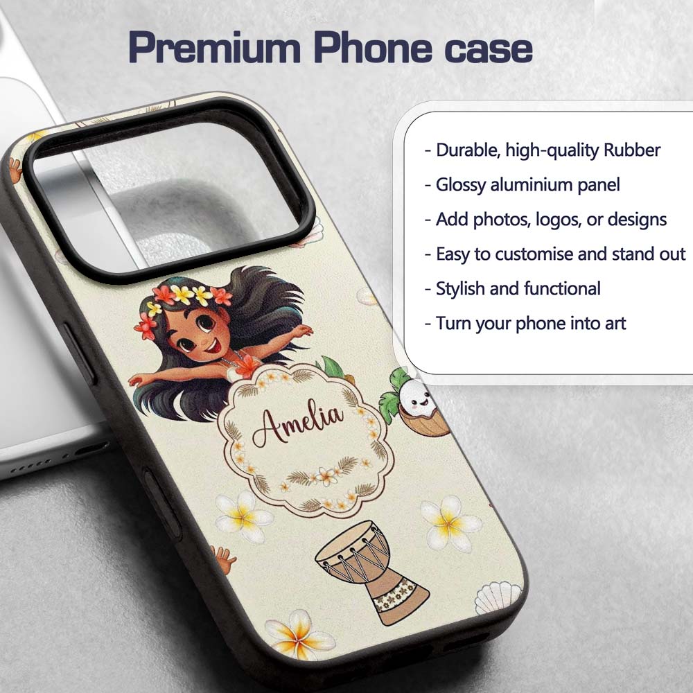 Cute Hawaiian Girl Hula Dance Coconut Shell Cream Custom Name Protective Phone Case Mobile Cover Durable Everyday Smartphone Shock Resistant