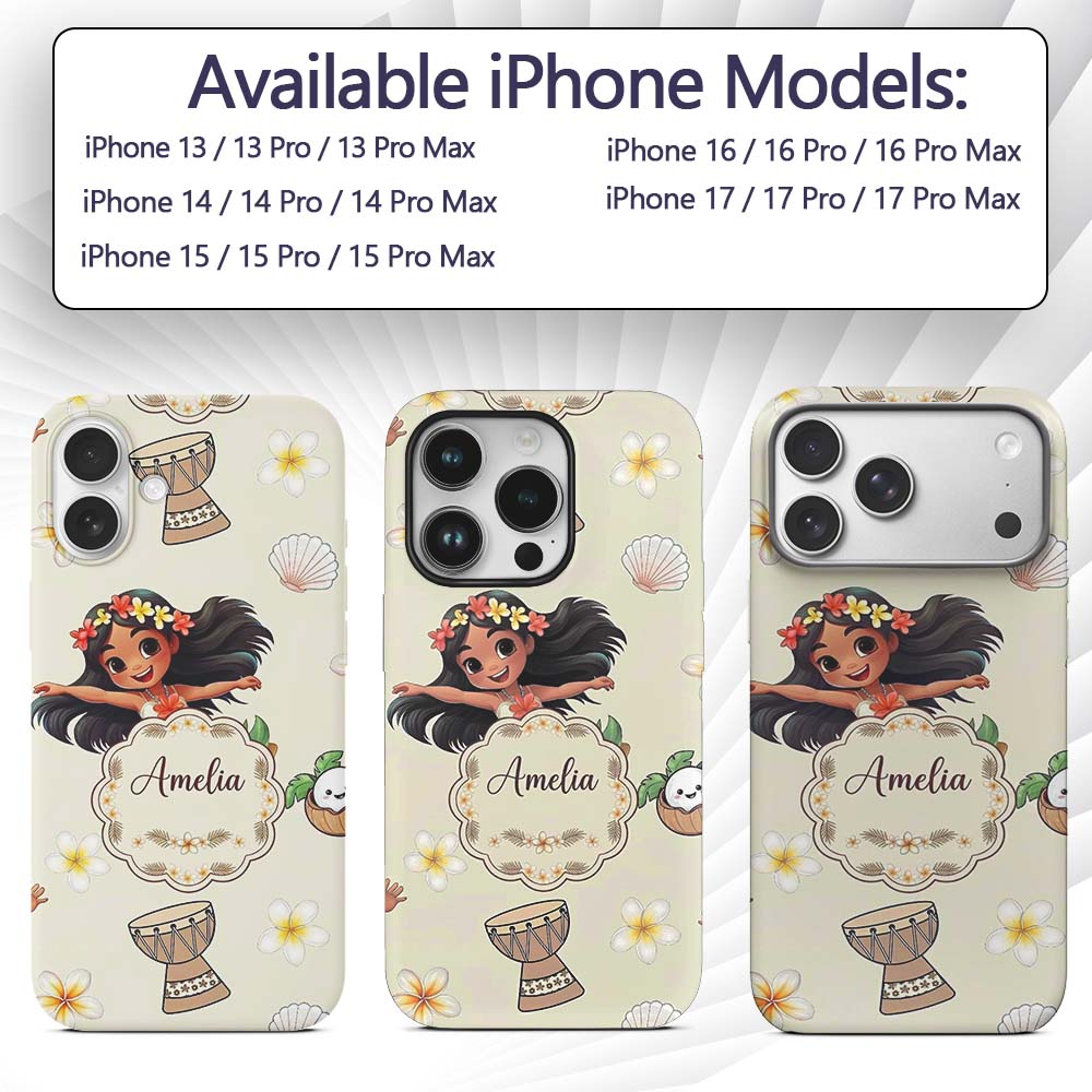 Cute Hawaiian Girl Hula Dance Coconut Shell Cream Custom Name Protective Phone Case Mobile Cover Durable Everyday Smartphone Shock Resistant