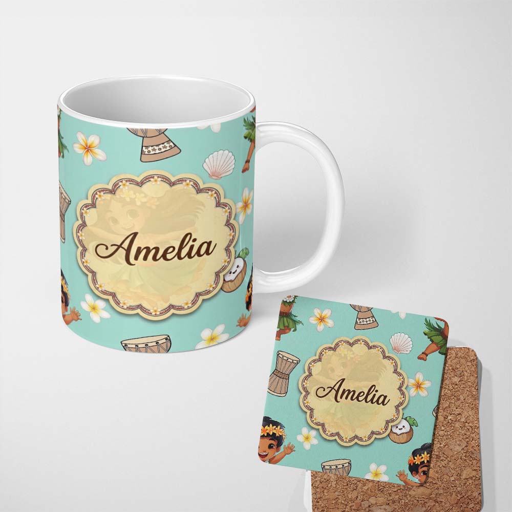 Personalized Custom Name Cute Hawaiian Girl Hula Dance Coconut Shell Teal Background 11oz Ceramic Coffee Tea Mug White Large Handle