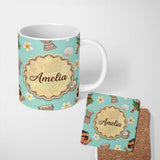 Personalized Custom Name Cute Hawaiian Girl Hula Dance Coconut Shell Teal Background 11oz Ceramic Coffee Tea Mug White Large Handle
