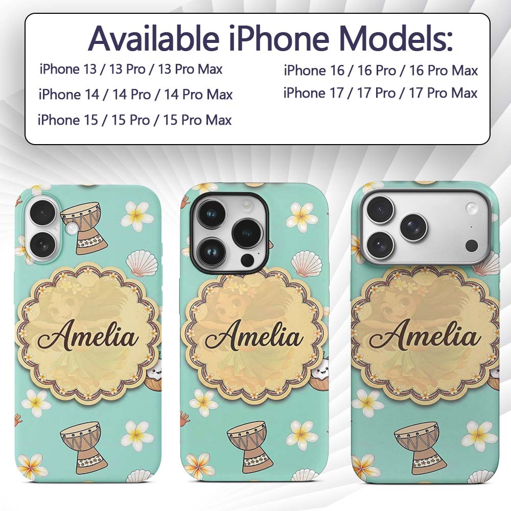 Cute Hawaiian Girl Hula Dance Coconut Shell Teal Custom Name Protective Phone Case Mobile Cover Durable Everyday Smartphone Shock Resistant