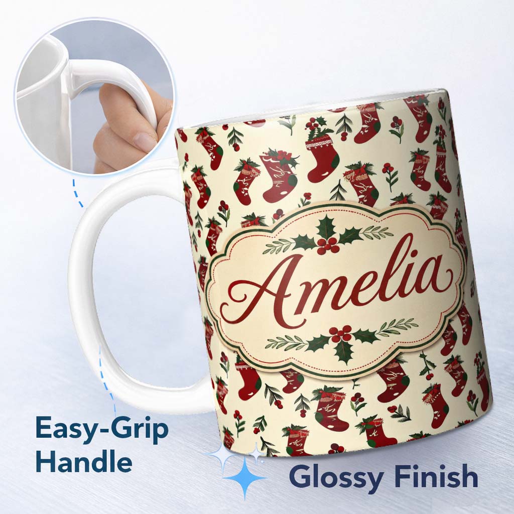 Personalized Custom Name Christmas Stockings Holly Berries Seamless Pattern Festive Holiday 11oz Ceramic Coffee Tea Mug White Large Handle