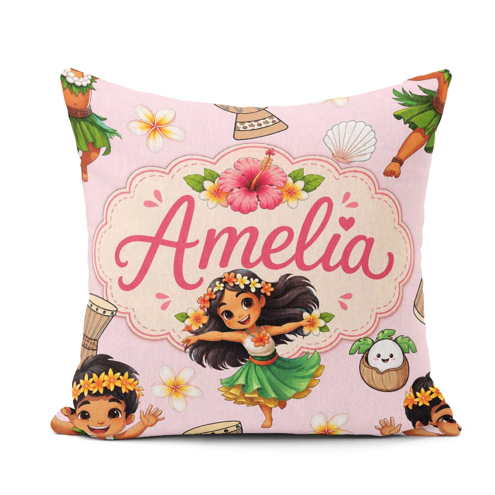 Custom Name Cute Hawaiian Girl Hula Dance Shell Pink Background Square Filled Cushion Throw Pillow Sofa Bed Home Decor Zip Washable UK Made