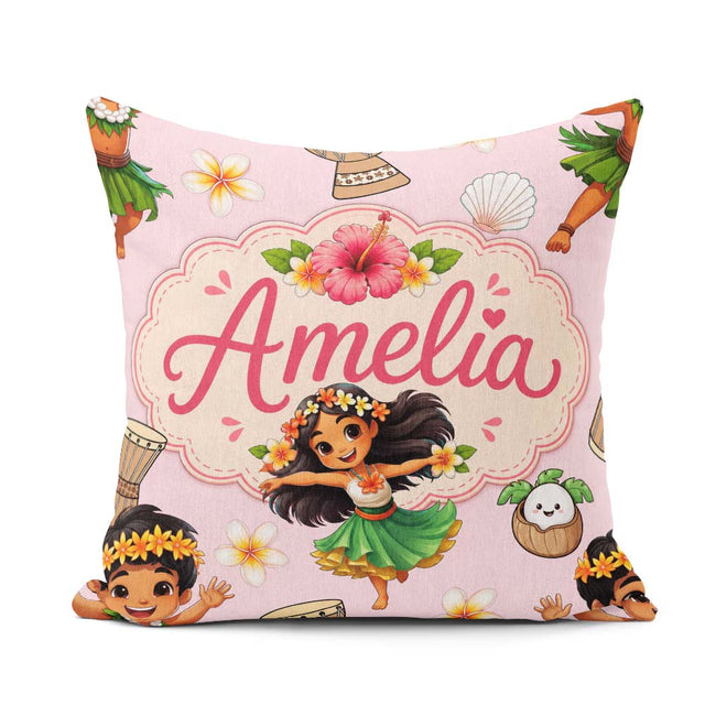 Custom Name Cute Hawaiian Girl Hula Dance Shell Pink Background Square Filled Cushion Throw Pillow Sofa Bed Home Decor Zip Washable UK Made