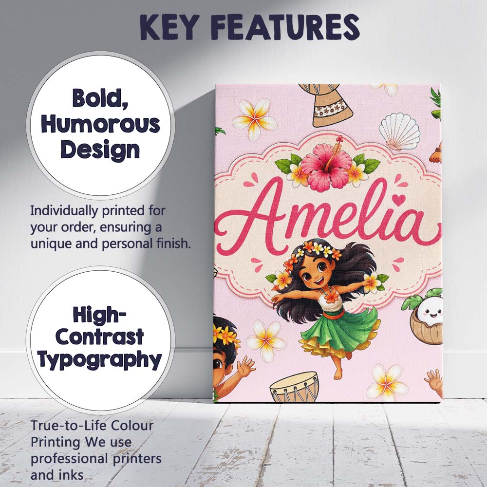 Personalised Name Cute Hawaiian Girl Hula Custom  Unique Gift Idea Elegant Feature Canvas Wall Art Print Decor Picture Ready to Hang