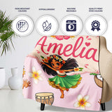 Cute Hawaiian Girl Hula Dance Coconut Shell Pink Background  Personalised Custom Name Super Soft Fleece Blanket Bed Sofa Throw