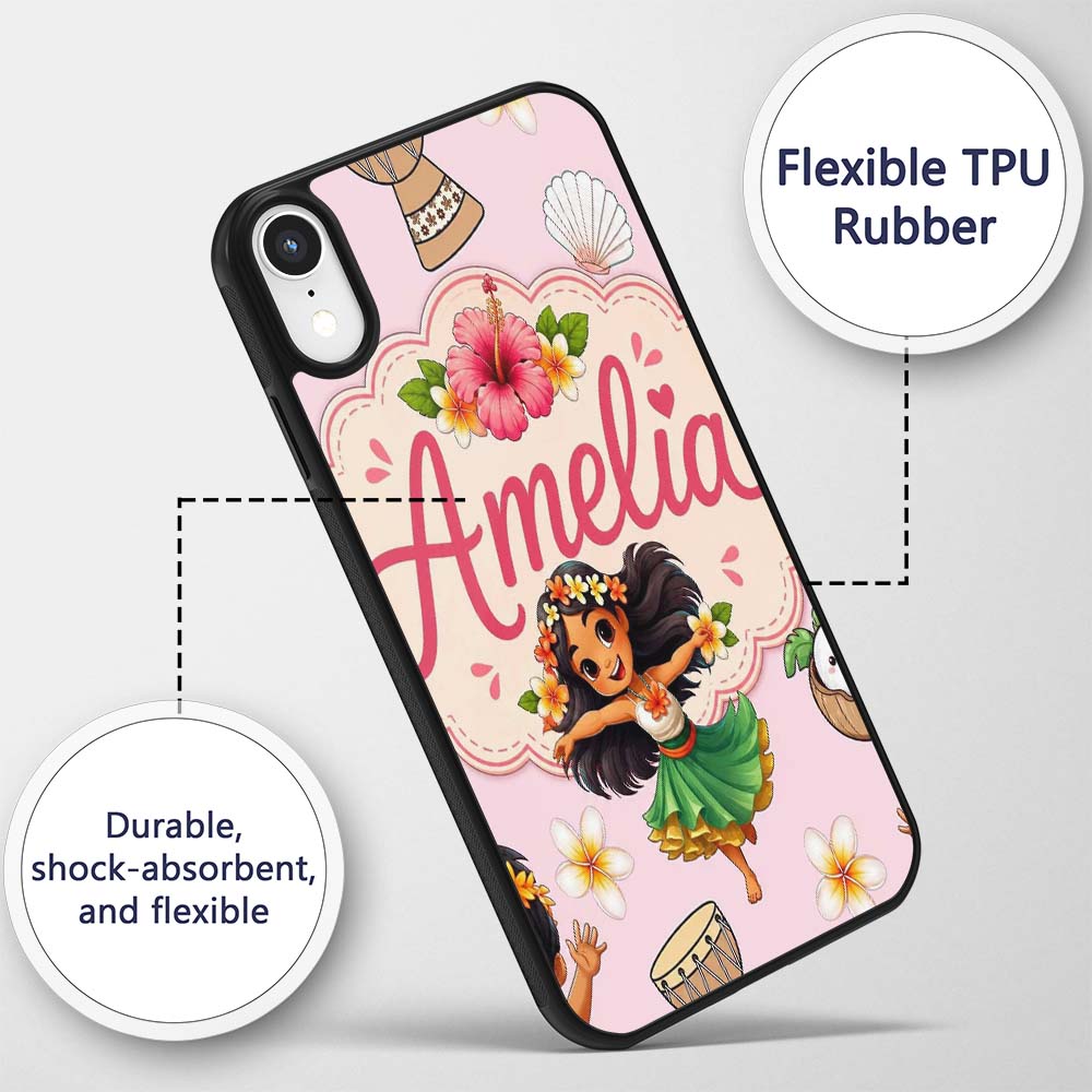 Cute Hawaiian Girl Hula Dance Coconut Shell Pink Custom Name Protective Phone Case Mobile Cover Durable Everyday Smartphone Shock Resistant