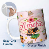 Personalized Custom Name Cute Hawaiian Girl Hula Dance Coconut Shell Pink Background 11oz Ceramic Coffee Tea Mug White Large Handle