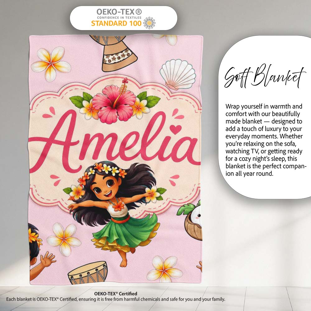 Cute Hawaiian Girl Hula Dance Coconut Shell Pink Background  Personalised Custom Name Super Soft Fleece Blanket Bed Sofa Throw