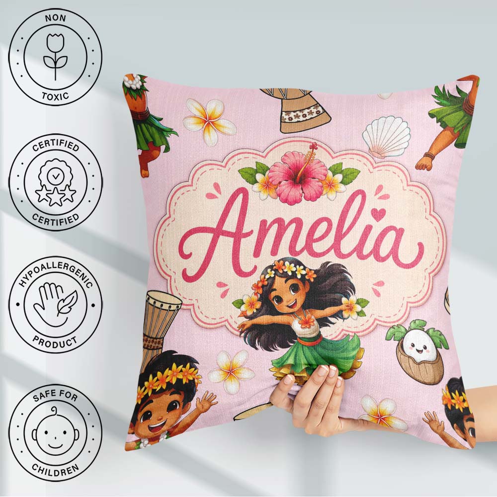 Custom Name Cute Hawaiian Girl Hula Dance Shell Pink Background Square Filled Cushion Throw Pillow Sofa Bed Home Decor Zip Washable UK Made