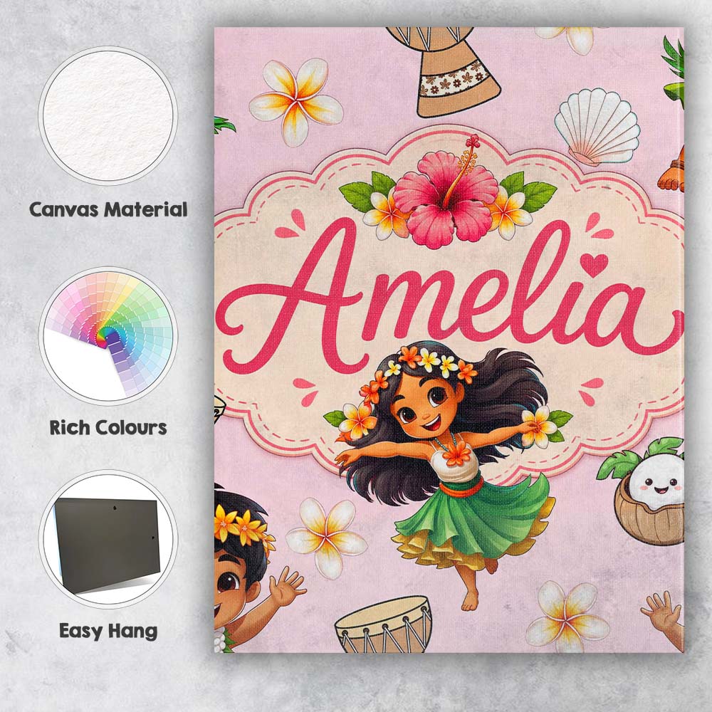 Personalised Name Cute Hawaiian Girl Hula Custom  Unique Gift Idea Elegant Feature Canvas Wall Art Print Decor Picture Ready to Hang