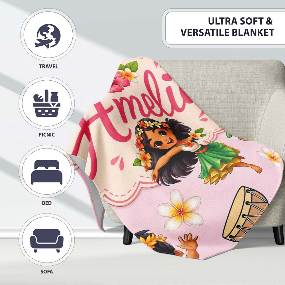 Cute Hawaiian Girl Hula Dance Coconut Shell Pink Background  Personalised Custom Name Super Soft Fleece Blanket Bed Sofa Throw