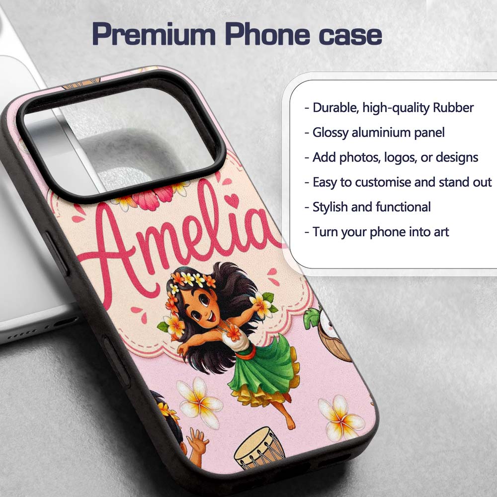 Cute Hawaiian Girl Hula Dance Coconut Shell Pink Custom Name Protective Phone Case Mobile Cover Durable Everyday Smartphone Shock Resistant