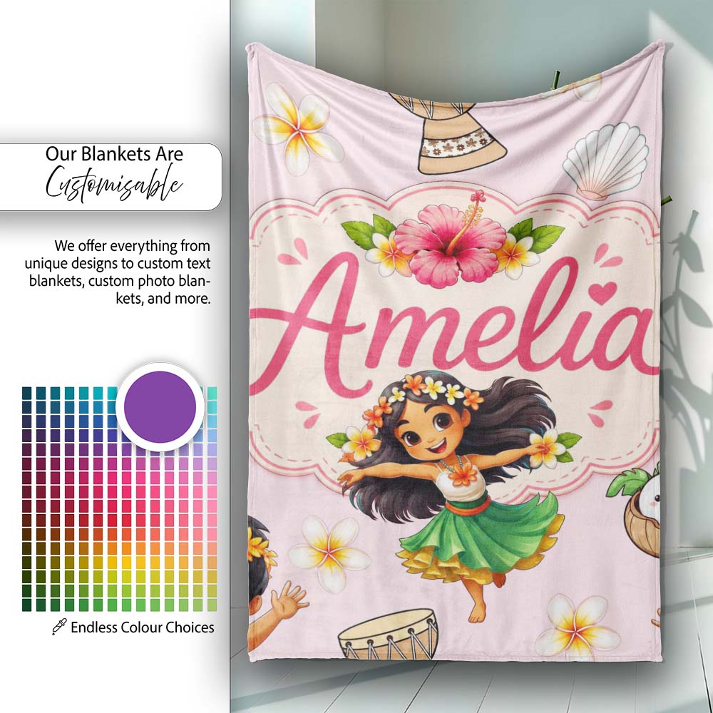 Cute Hawaiian Girl Hula Dance Coconut Shell Pink Background  Personalised Custom Name Super Soft Fleece Blanket Bed Sofa Throw