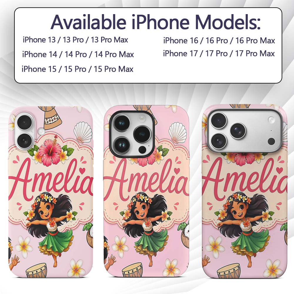 Cute Hawaiian Girl Hula Dance Coconut Shell Pink Custom Name Protective Phone Case Mobile Cover Durable Everyday Smartphone Shock Resistant