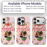 Cute Hawaiian Girl Hula Dance Coconut Shell Pink Custom Name Protective Phone Case Mobile Cover Durable Everyday Smartphone Shock Resistant
