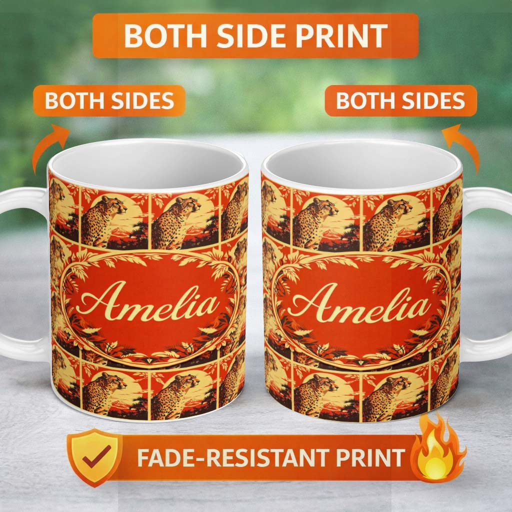 Personalized Custom Name Vintage Leopard Sunset Tropical Seamless Pattern Cute Unique Gift 11oz Ceramic Coffee Tea Mug White Large Handle