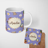 Personalized Custom Name Cute Hawaiian Girl Hula Dance Coconut Shell Purple Background 11oz Ceramic Coffee Tea Mug White Large Handle