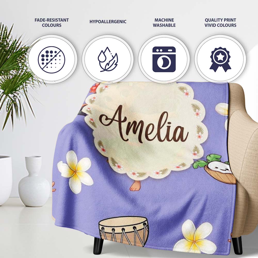 Cute Hawaiian Girl Hula Dance Coconut Shell Purple Background  Personalised Custom Name Super Soft Fleece Blanket Bed Sofa Throw