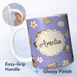 Personalized Custom Name Cute Hawaiian Girl Hula Dance Coconut Shell Purple Background 11oz Ceramic Coffee Tea Mug White Large Handle