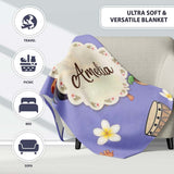 Cute Hawaiian Girl Hula Dance Coconut Shell Purple Background  Personalised Custom Name Super Soft Fleece Blanket Bed Sofa Throw