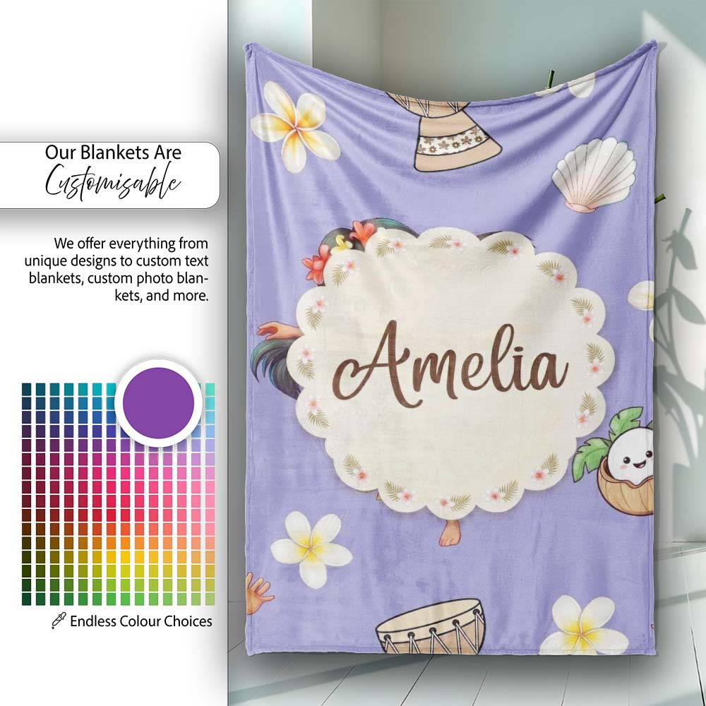 Cute Hawaiian Girl Hula Dance Coconut Shell Purple Background  Personalised Custom Name Super Soft Fleece Blanket Bed Sofa Throw